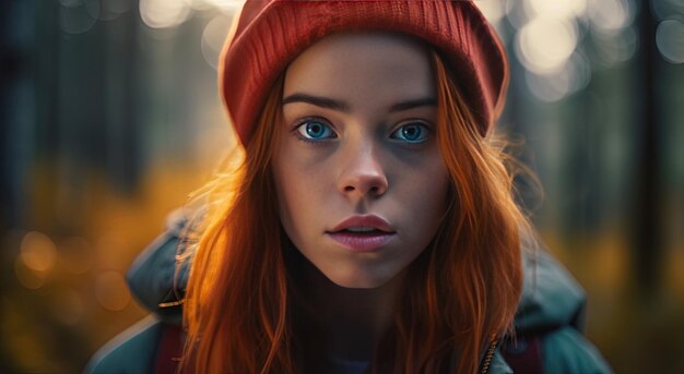 une fille aux cheveux roux et un chapeau avec des cheveux roux