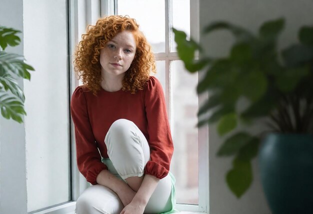 une fille aux cheveux roux est assise devant une fenêtre avec une plante verte en arrière-plan