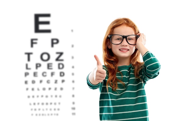 Photo une fille aux cheveux roux avec des lunettes au-dessus du tableau de test oculaire