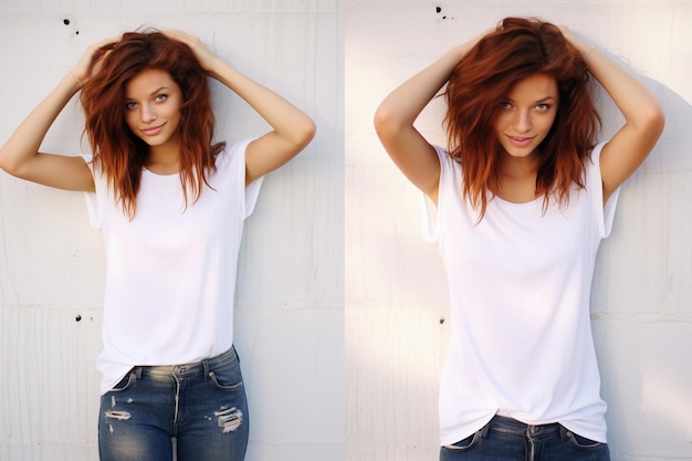 une fille aux cheveux roux pose avec ses mains sur la tête.