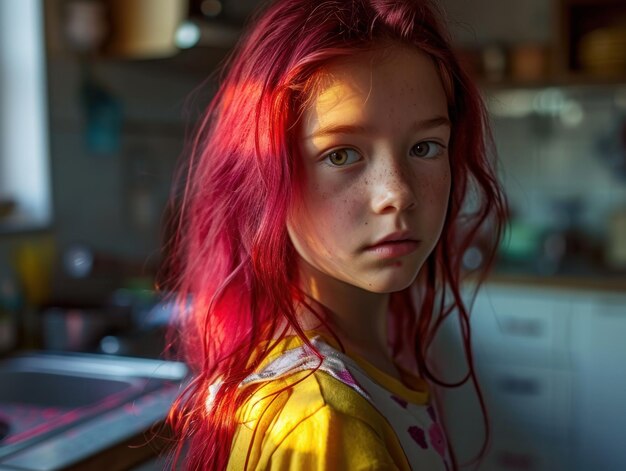 Une fille aux cheveux roux qui regarde la caméra.