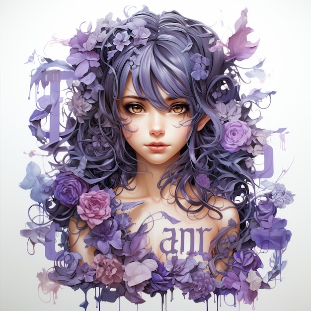 Une fille aux cheveux violets et aux cheveux violets est entourée de fleurs violettes.