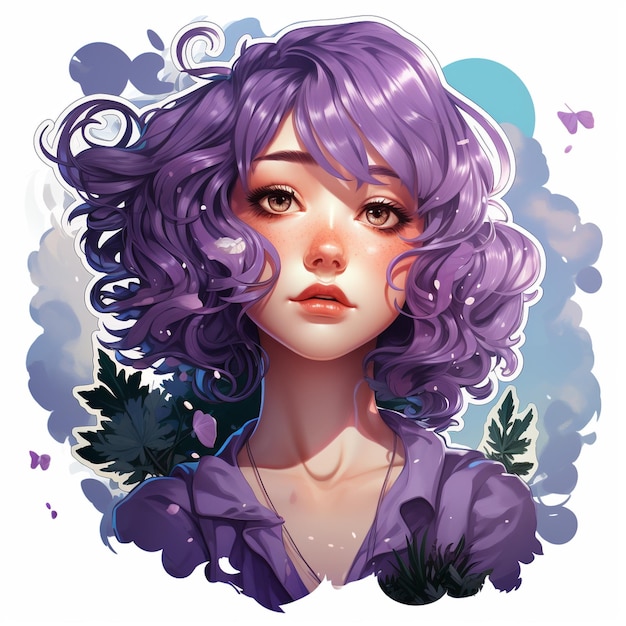 Une fille aux cheveux violets et aux cheveux violets se tient devant un ciel bleu avec des nuages.