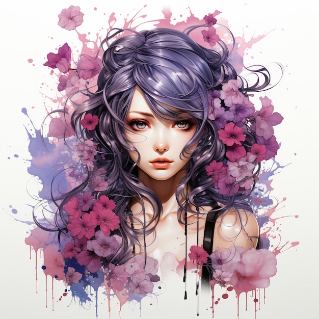 Une fille aux cheveux violets et aux cheveux violets se tient devant un fond floral.