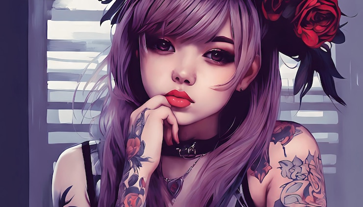 Photo une fille aux cheveux violets et un nœud noir sur ses cheveux