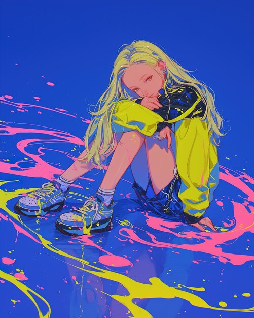 une fille aux longs cheveux blonds est assise sur un sol bleu avec une peinture spray rose et jaune