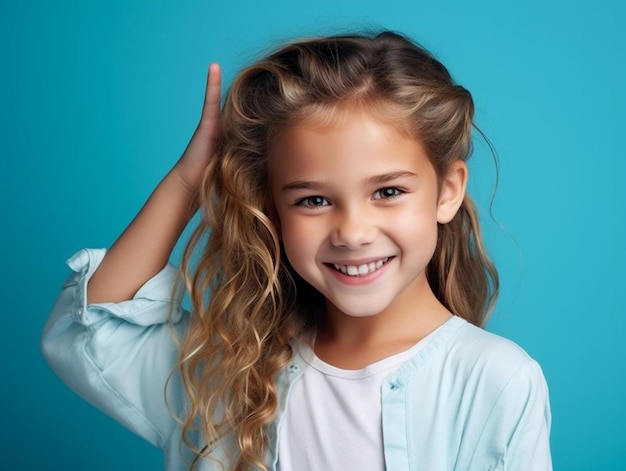 Une fille aux longs cheveux blonds sourit et porte une chemise bleue.