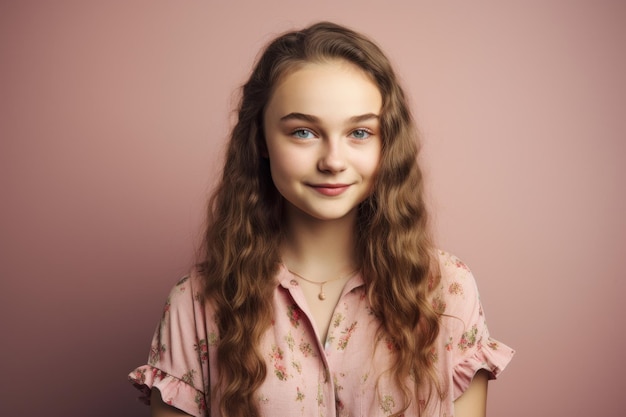 Une fille aux longs cheveux bouclés et une chemise rose avec une fleur dessus