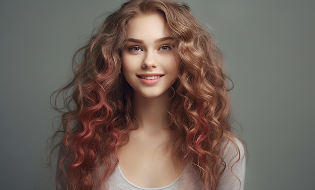 Une fille aux longs cheveux bouclés sourit à la caméra.