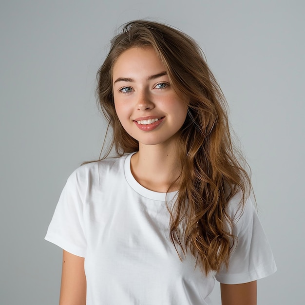une fille aux longs cheveux bruns et une chemise blanche