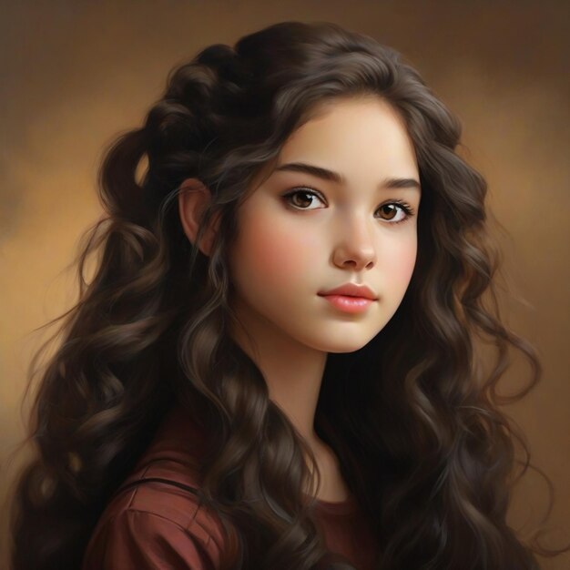 Une fille aux longs cheveux bruns ondulés avec une queue de poney et de petits yeux bruns.