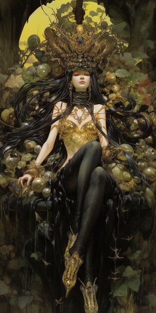 une fille aux longs cheveux noirs est assise dans un arbre avec une robe noire sur la tête