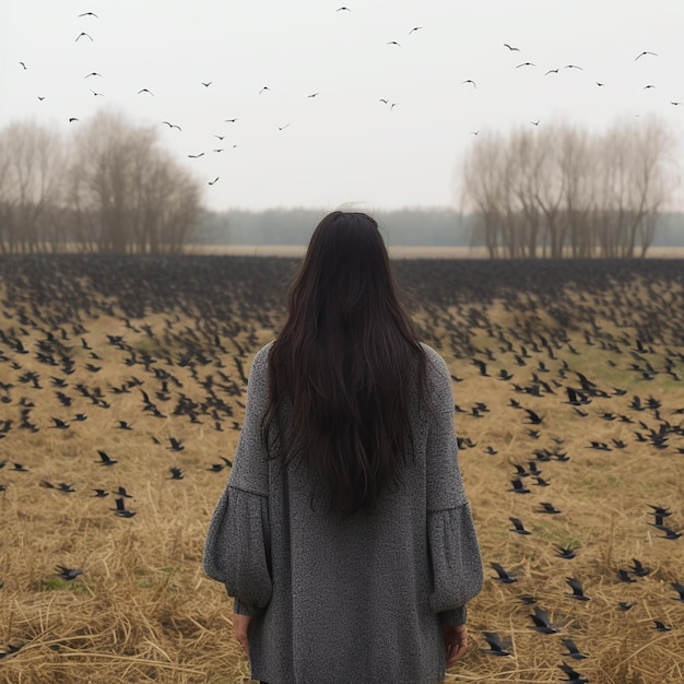 Fille aux longs cheveux noirs sur fond d'oiseaux noirs volants et harmonie des couleurs du paysage d'automne