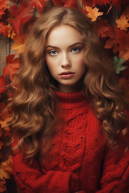 Une fille aux longs cheveux roux dans un pull rouge et un pull rouge