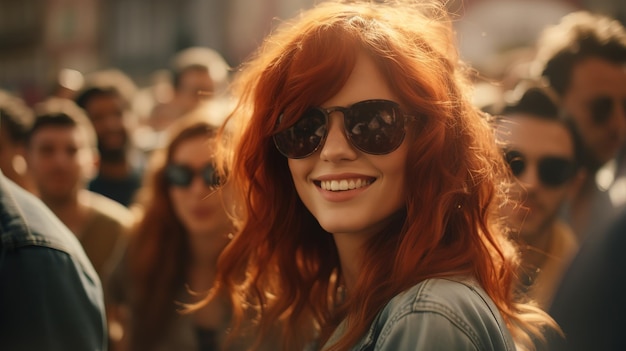 Une fille aux lunettes noires et aux cheveux roux au festival de rock ou de heavy metal.