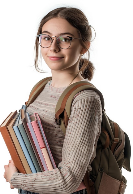 Fille aux lunettes tenant des livres