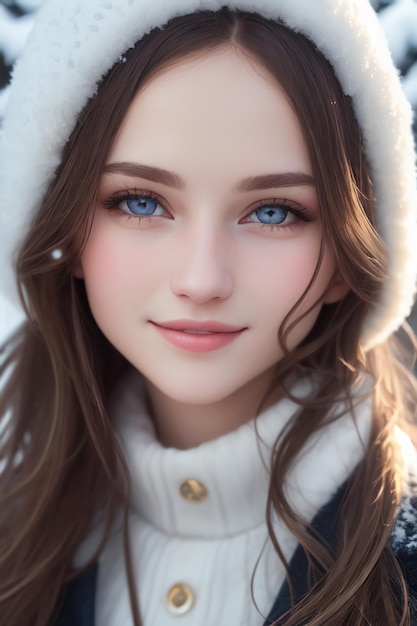 Une fille aux yeux bleus et au chapeau blanc.