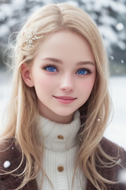 Une fille aux yeux bleus et au pull blanc.