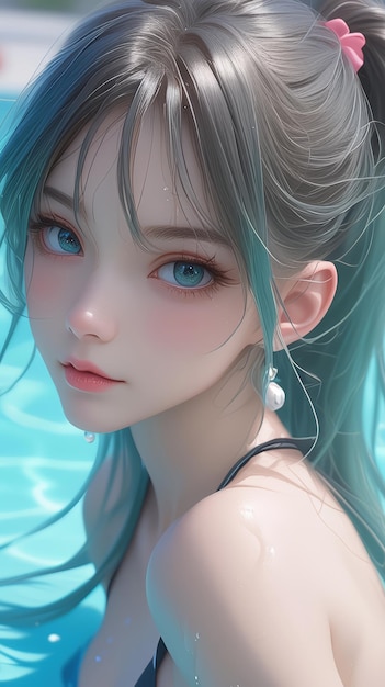 une fille aux yeux bleus et aux cheveux colorés dans la piscine