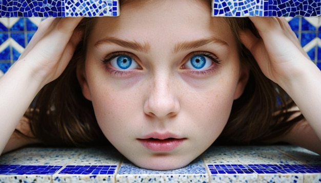 Photo une fille aux yeux bleus et un cadre qui dit le mot 