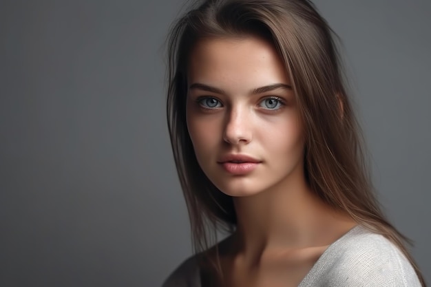 Une fille aux yeux bleus et une chemise grise