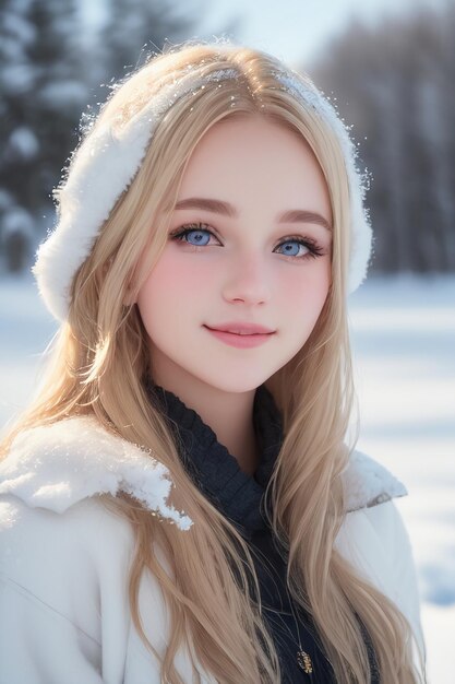 Une fille aux yeux bleus dans un manteau blanc et un chapeau avec le mot amour dessus.