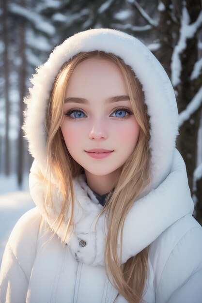 Une fille aux yeux bleus dans un manteau blanc se tient dans la neige.