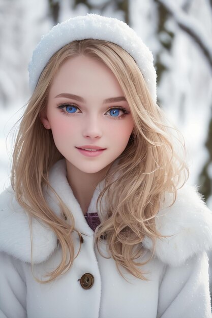 Une fille aux yeux bleus dans un manteau de fourrure blanc