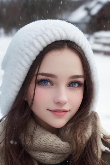 Fille aux yeux bleus dans la neige