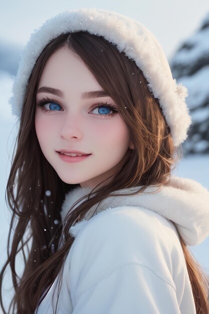 Fille aux yeux bleus dans la neige