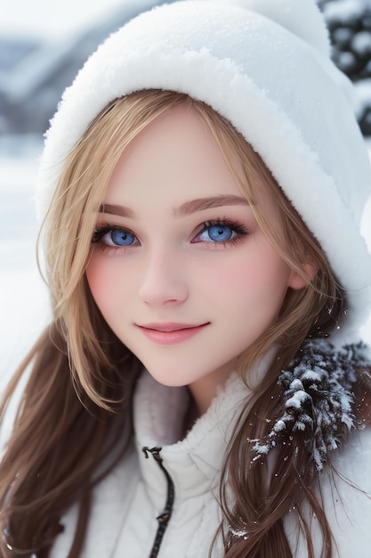 Une fille aux yeux bleus dans la neige