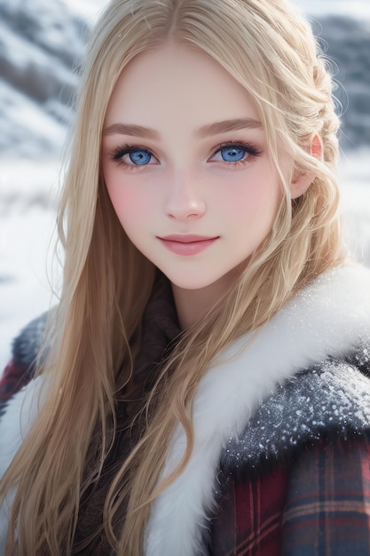 Une fille aux yeux bleus dans la neige