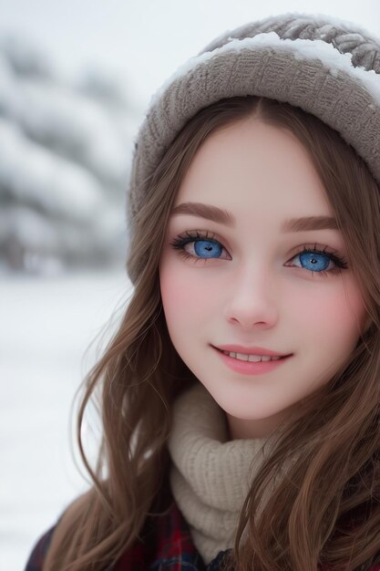 Fille aux yeux bleus dans la neige