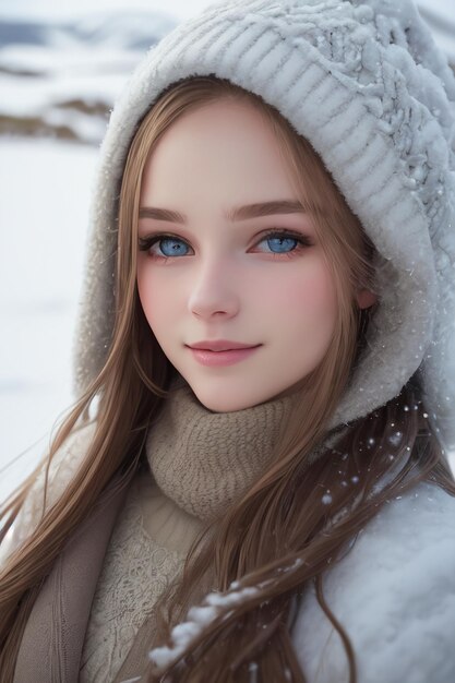 Fille aux yeux bleus dans la neige