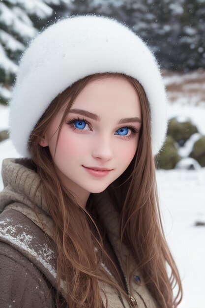 Une fille aux yeux bleus dans la neige