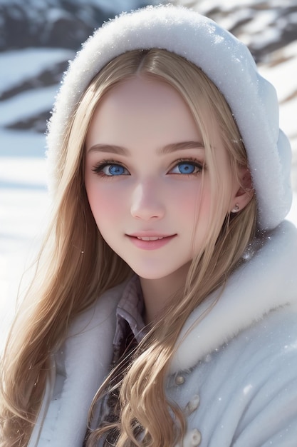 Fille aux yeux bleus dans la neige