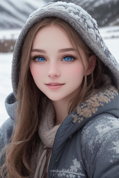 Une fille aux yeux bleus en hiver