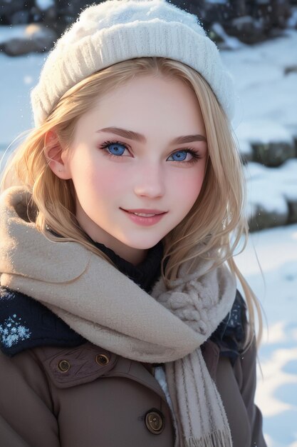 Une fille aux yeux bleus en hiver