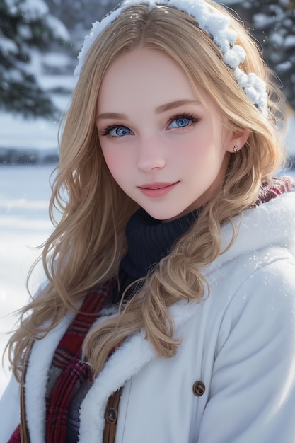 Une fille aux yeux bleus en hiver