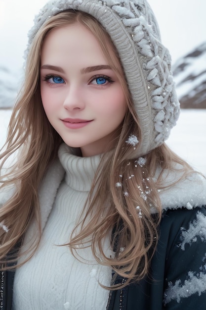 Une fille aux yeux bleus en hiver