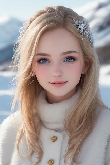 Une fille aux yeux bleus et un manteau blanc avec une montagne couverte de neige en arrière-plan