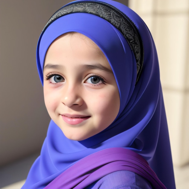 Une fille aux yeux bleus porte un hijab bleu.