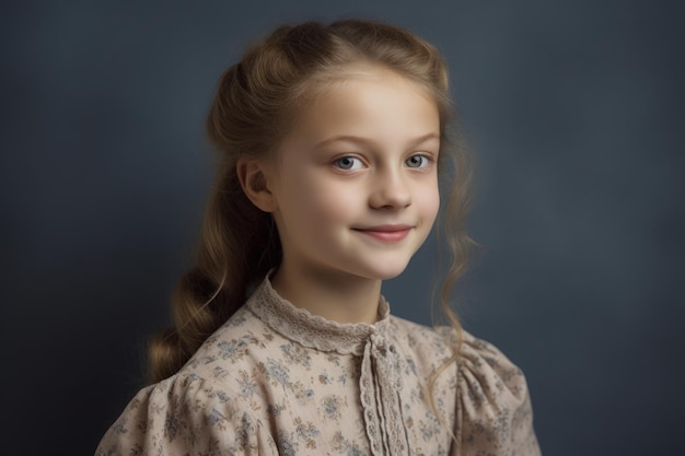 Une fille aux yeux bleus et une robe marron avec un motif fleuri sur la tête.