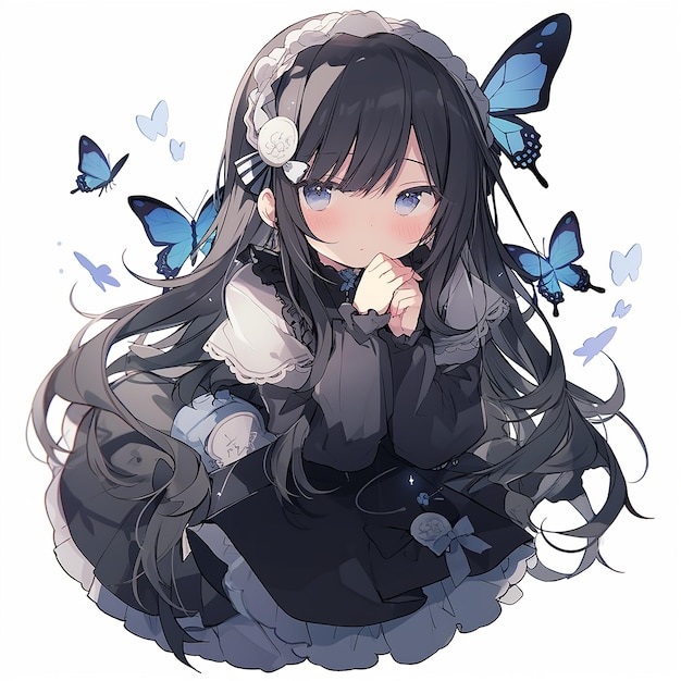 Une fille aux yeux bleus et une robe noire avec des papillons dessus.