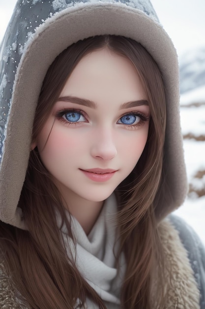 Une fille aux yeux bleus se tient dans la neige.