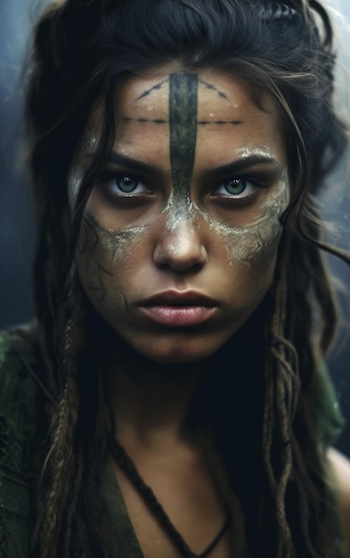 Une fille aux yeux bleus et un visage peint avec de la peinture