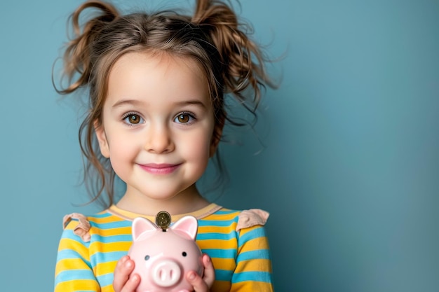 Une fille aux yeux brillants avec un sourire étincelant met doucement une pièce dans sa cochonne capturant l'essence des économies d'enfance