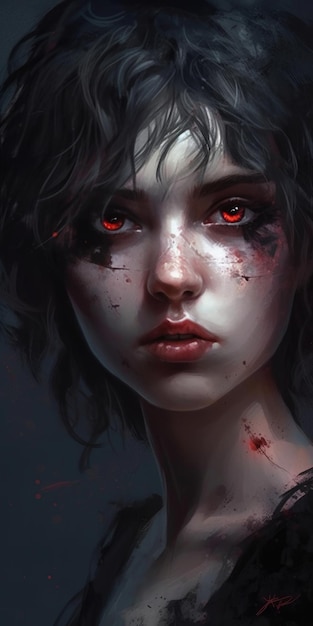 Une fille aux yeux rouges et du sang sur le visage