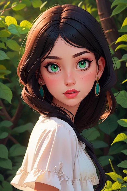 Une fille aux yeux verts et une robe blanche se tient devant un fond vert