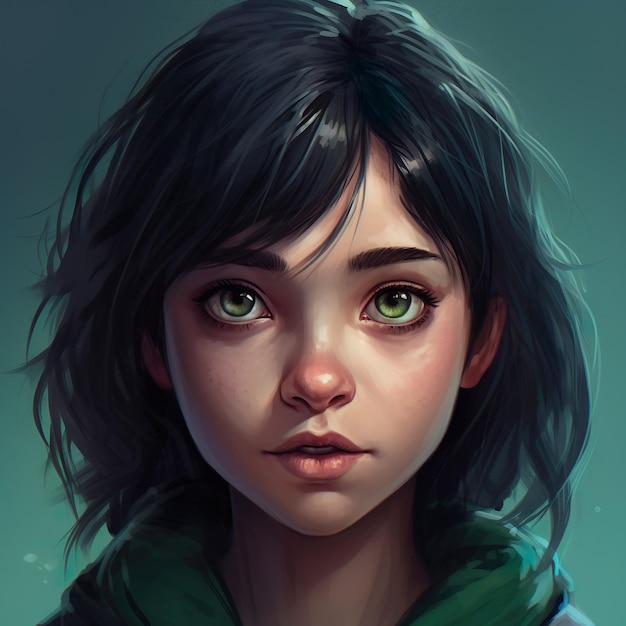 Une fille aux yeux verts et un sweat à capuche vert.